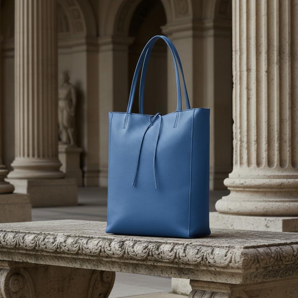 imageItalian Calf Leather Tote for Women with Zipper Inner Pocket ampamp Flat Base Soft Unlined Shopper for Work ampamp TravelBlue