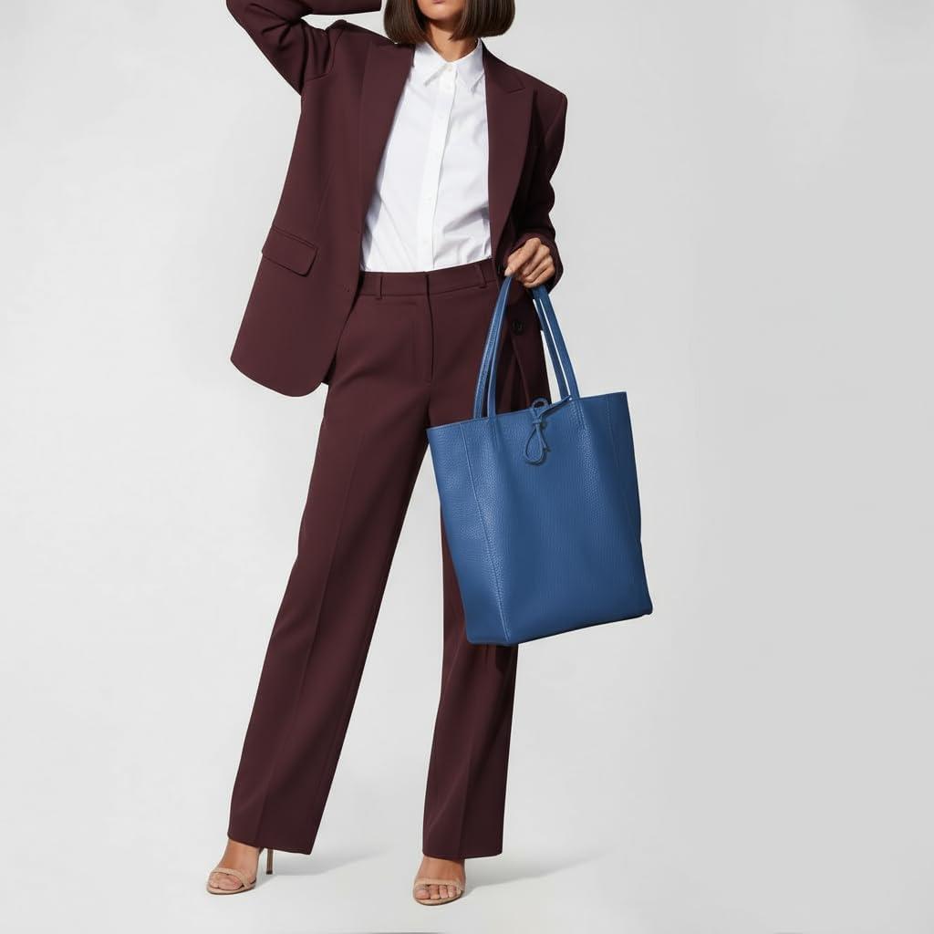 imageItalian Calf Leather Tote for Women with Zipper Inner Pocket ampamp Flat Base Soft Unlined Shopper for Work ampamp TravelBlue