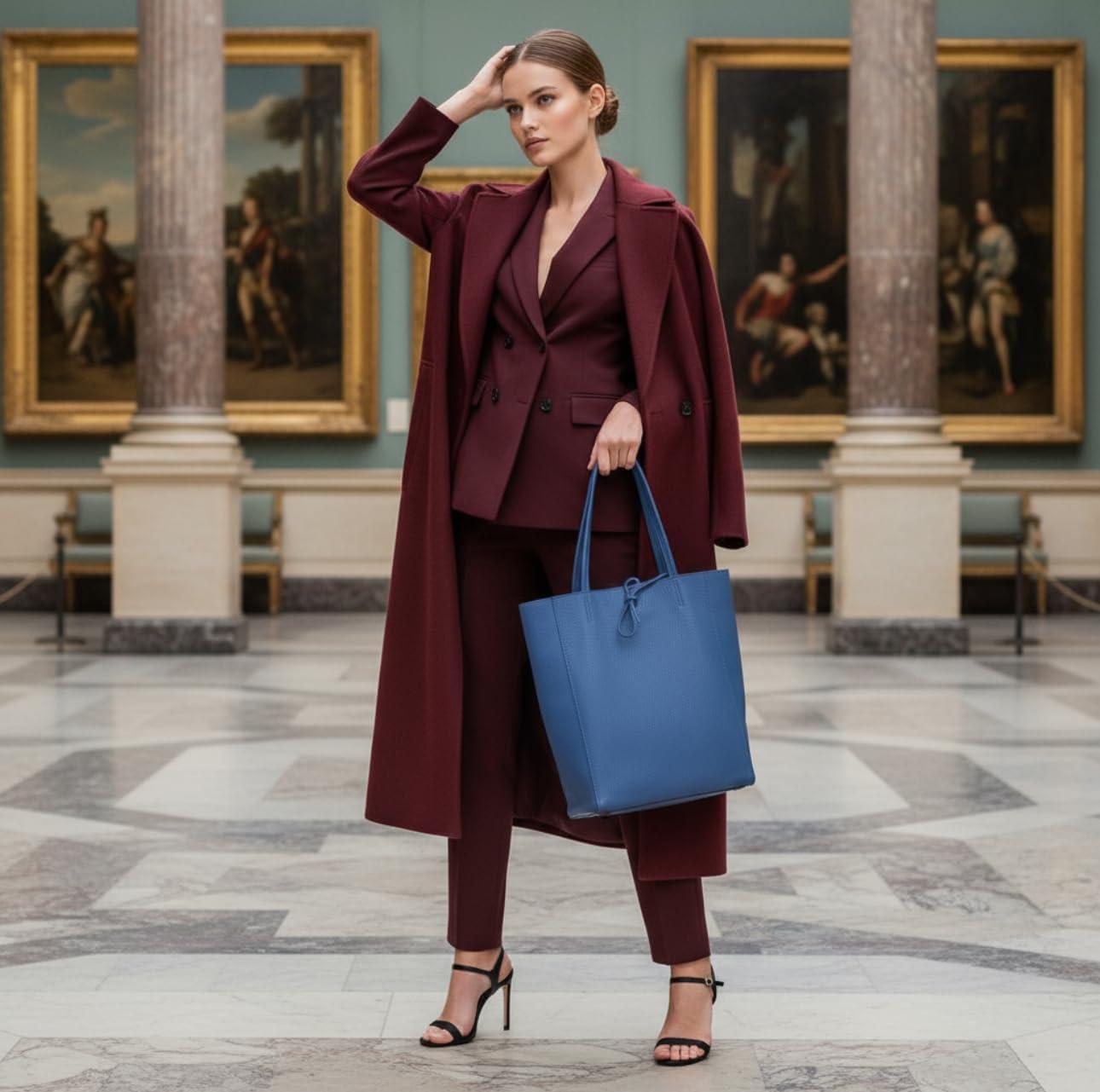 imageItalian Calf Leather Tote for Women with Zipper Inner Pocket ampamp Flat Base Soft Unlined Shopper for Work ampamp TravelBlue