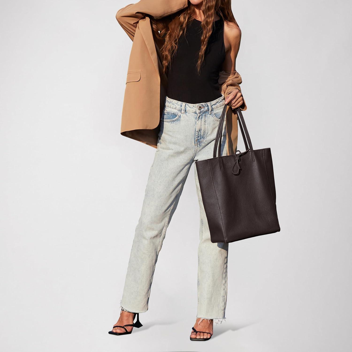 imageItalian Calf Leather Tote for Women with Zipper Inner Pocket ampamp Flat Base Soft Unlined Shopper for Work ampamp TravelChocolate