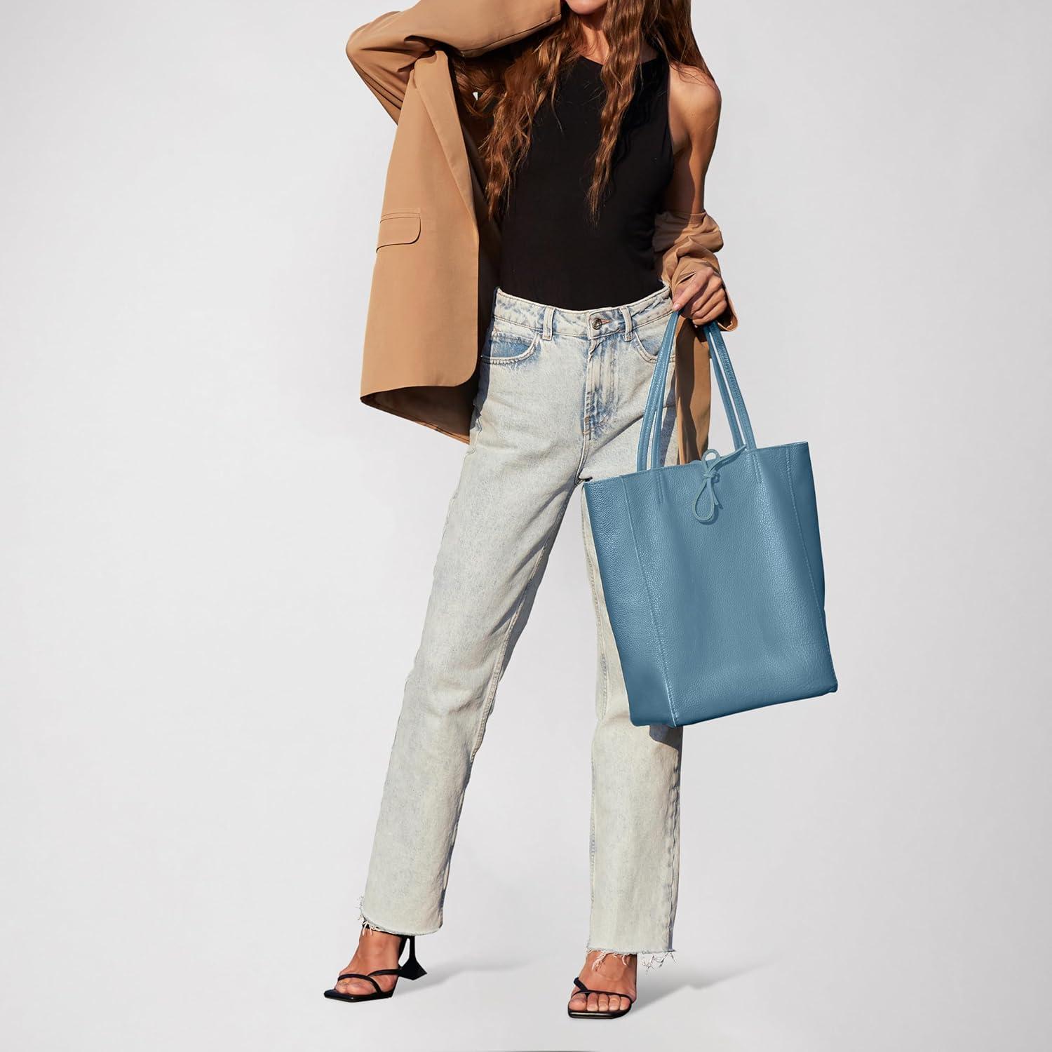 imageItalian Calf Leather Tote for Women with Zipper Inner Pocket ampamp Flat Base Soft Unlined Shopper for Work ampamp TravelDenim