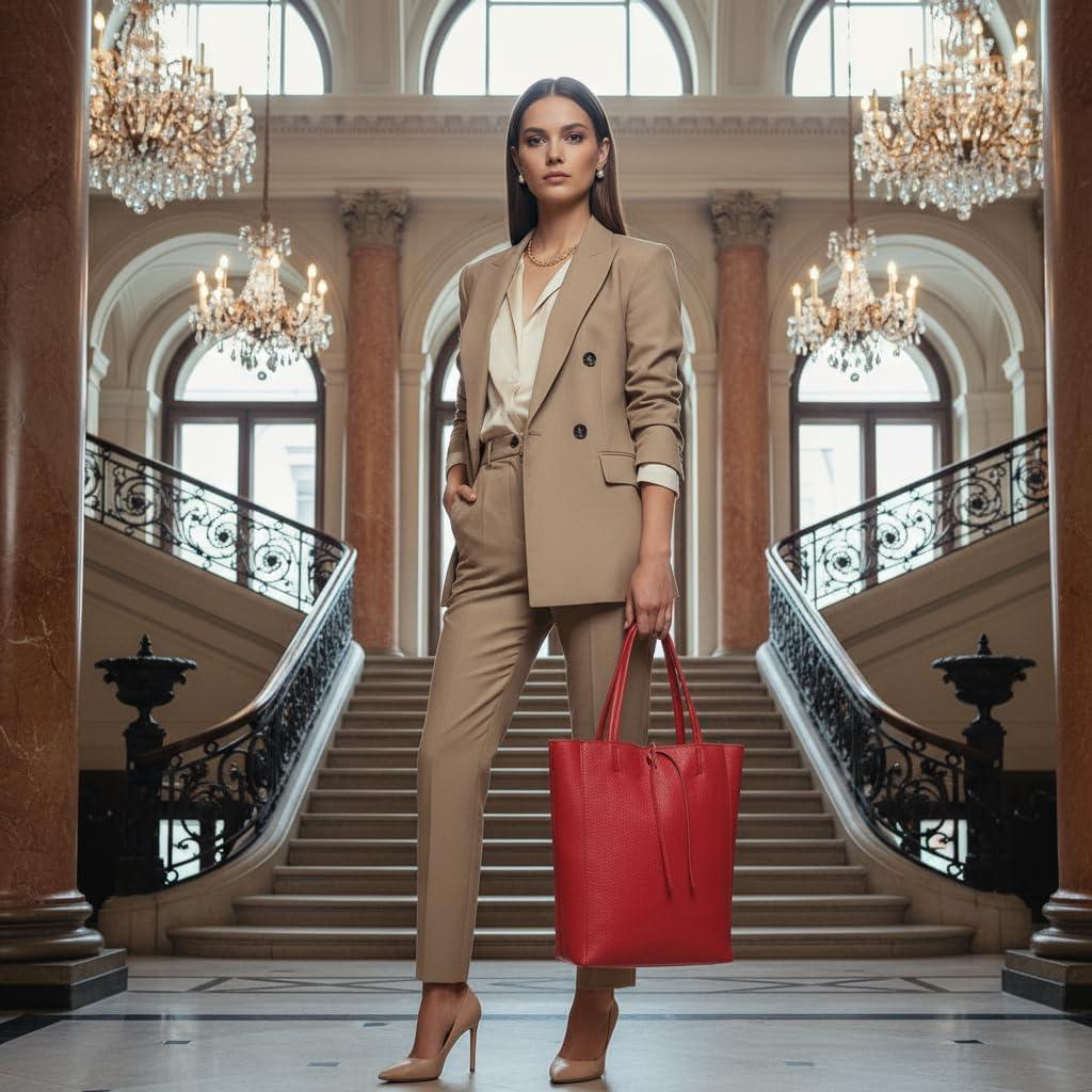 imageItalian Calf Leather Tote for Women with Zipper Inner Pocket ampamp Flat Base Soft Unlined Shopper for Work ampamp TravelRed