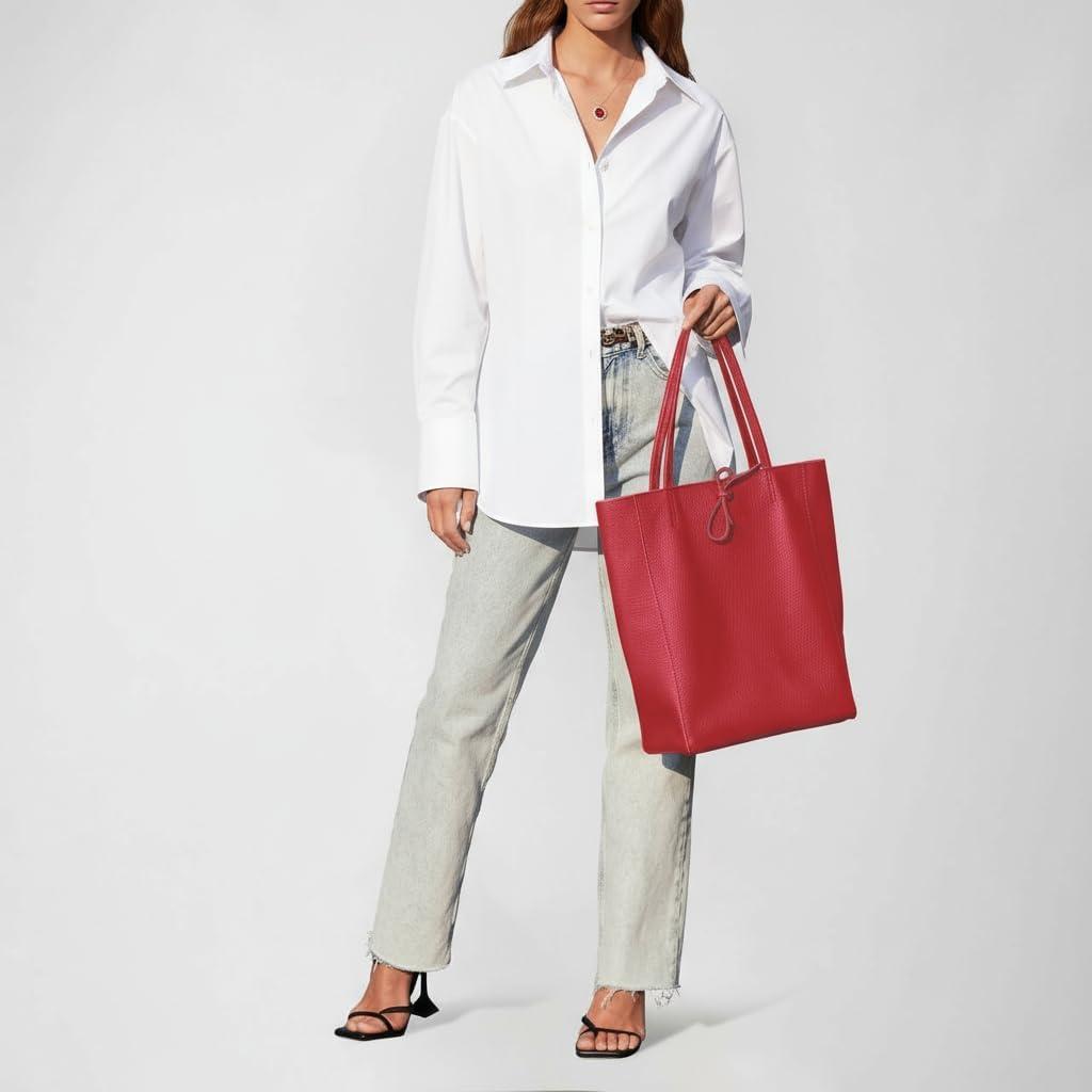 imageItalian Calf Leather Tote for Women with Zipper Inner Pocket ampamp Flat Base Soft Unlined Shopper for Work ampamp TravelRed