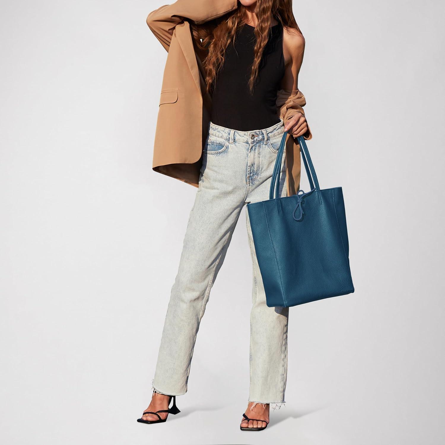 imageItalian Calf Leather Tote for Women with Zipper Inner Pocket ampamp Flat Base Soft Unlined Shopper for Work ampamp TravelTeal