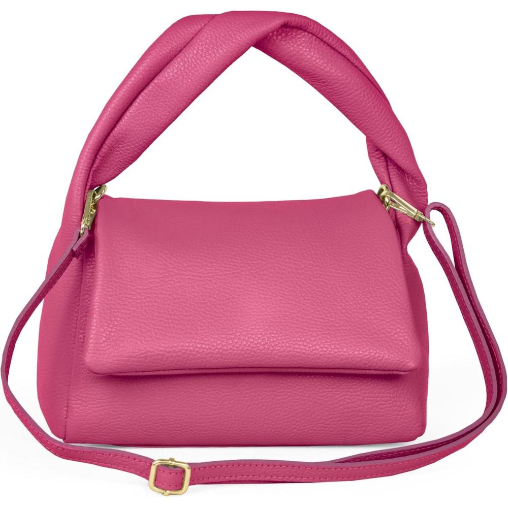 imageItalian Calf Leather TopHandle Bag for Women with Zipper Magnetic Flap ampamp Twisted Handle  Crossbody Shoulder PurseFuchsia