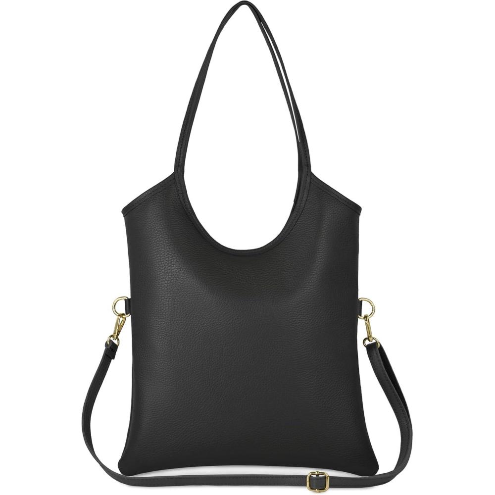 imageItalian Calf Leather Tote Bag for Women with Zipper ampamp Adjustable Strap  Medium Pebbled Soft Shoulder HandbagBlack