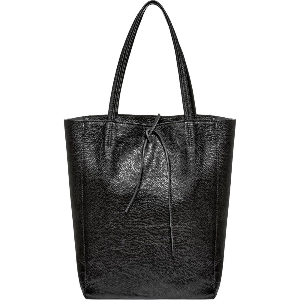 imageItalian Calf Leather Tote for Women with Zipper Inner Pocket ampamp Flat Base Soft Unlined Shopper for Work ampamp TravelBlack