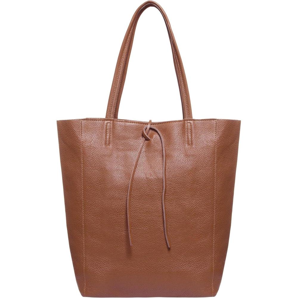 imageItalian Calf Leather Tote for Women with Zipper Inner Pocket ampamp Flat Base Soft Unlined Shopper for Work ampamp TravelBrown