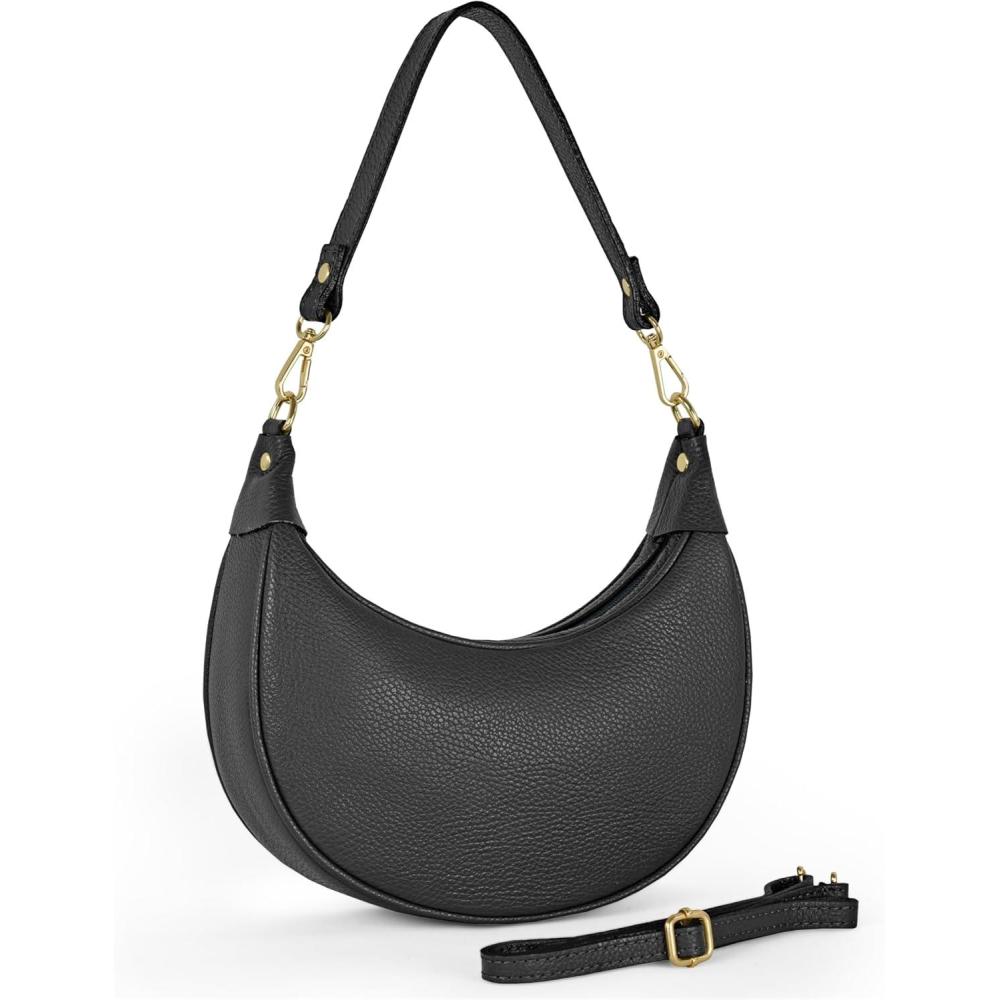 imageItalian Genuine Leather Shoulder Bag for Women Crescent Saddle Style with Short ampamp Long Straps  Soft Leather PurseBlack
