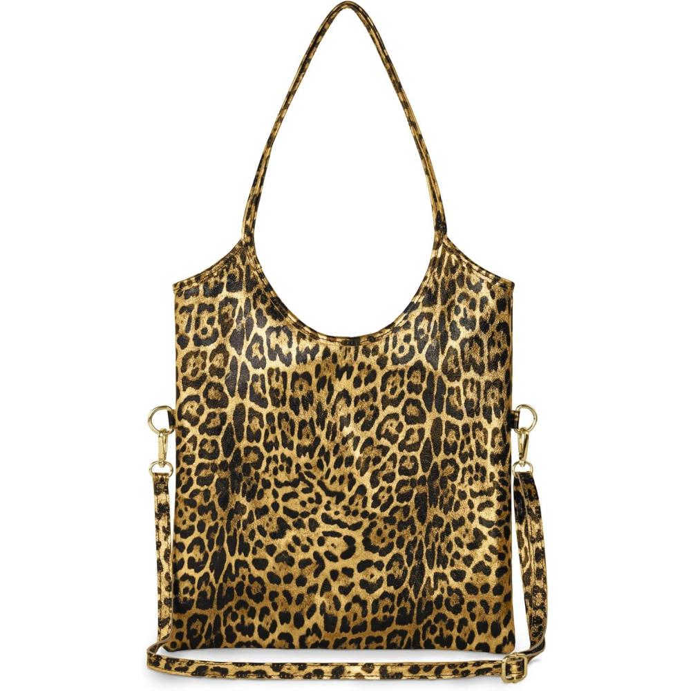imageItalian Genuine Metallic Suede Tote Bag for Women with Leopard Print ampamp Zipper Soft Vertical Medium Leather PurseGold