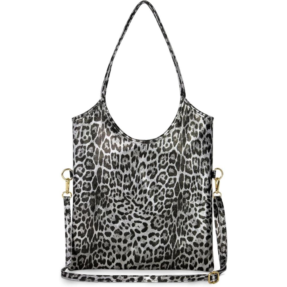 imageItalian Genuine Metallic Suede Tote Bag for Women with Leopard Print ampamp Zipper Soft Vertical Medium Leather PurseSilver