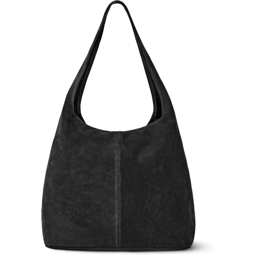 imageItalian Genuine Suede Hobo Bag for Women with Zipper and Single Strap  Large Soft Slouchy Shoulder Handbag PurseBlack