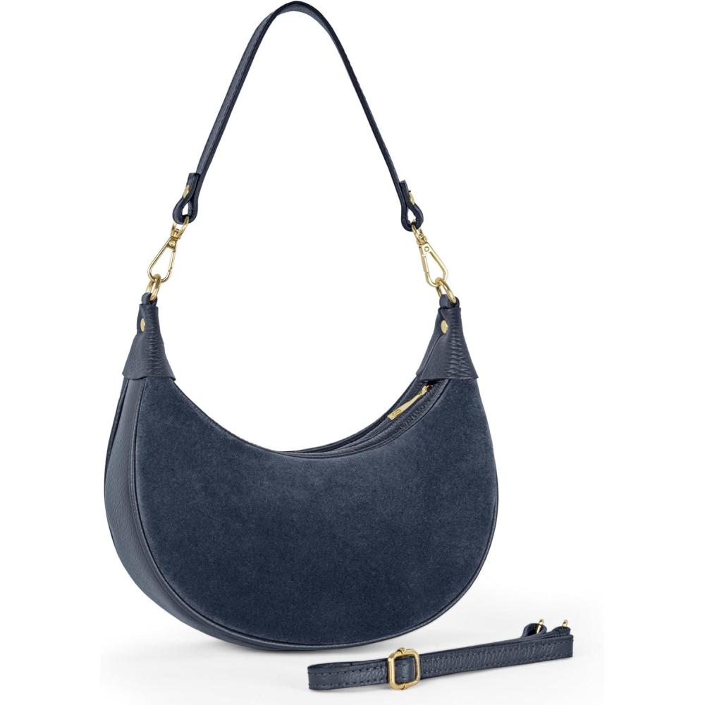 imageItalian Genuine Suede Shoulder Bag for Women Crescent Saddle Style with Short ampamp Long Straps  Mixed Leather PurseDark Blue