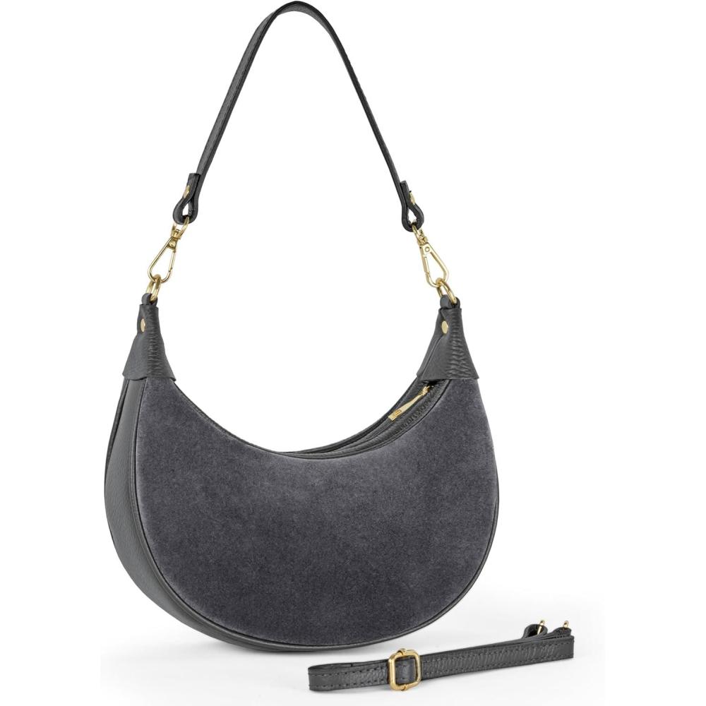 imageItalian Genuine Suede Shoulder Bag for Women Crescent Saddle Style with Short ampamp Long Straps  Mixed Leather PursePewter