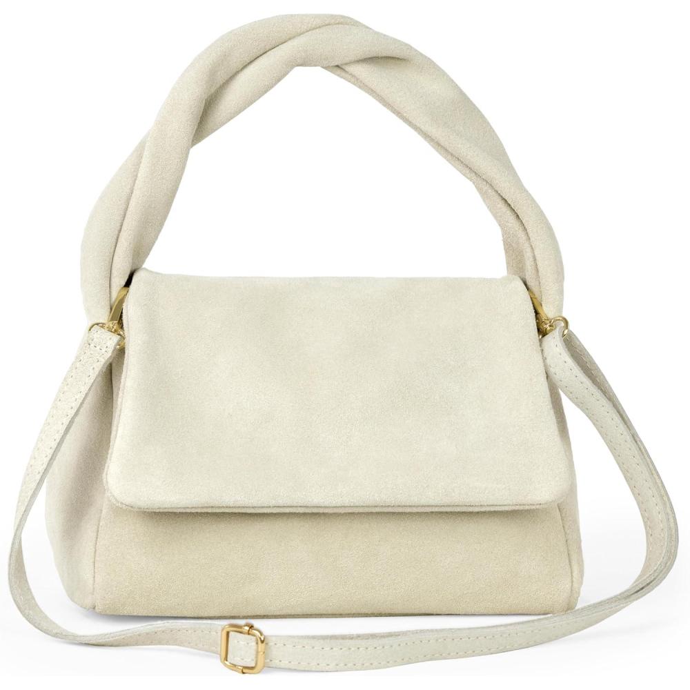 imageItalian Genuine Suede TopHandle Bag for Women with Zipper Magnetic Flap ampamp Twisted Handle  Crossbody Shoulder PurseBeige
