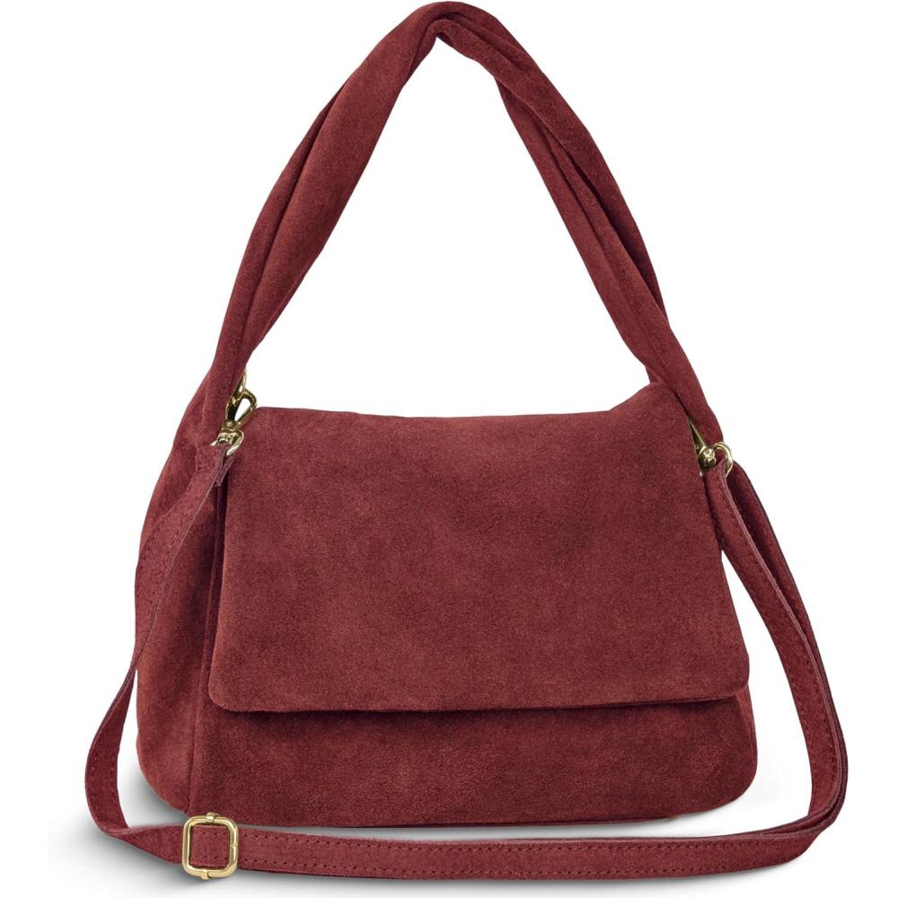 imageItalian Genuine Suede TopHandle Bag for Women with Zipper Magnetic Flap ampamp Twisted Handle  Crossbody Shoulder PurseBurgundy