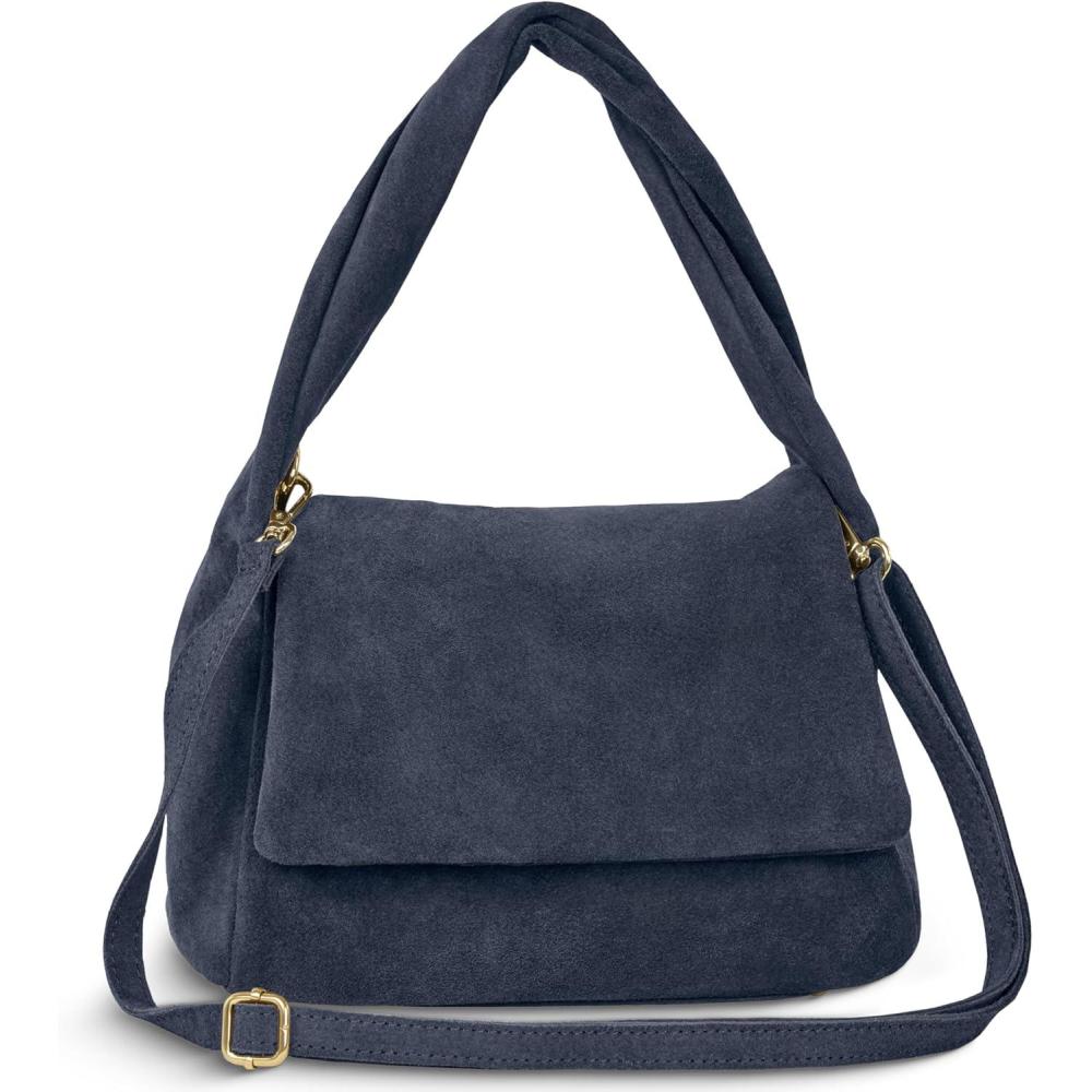 imageItalian Genuine Suede TopHandle Bag for Women with Zipper Magnetic Flap ampamp Twisted Handle  Crossbody Shoulder PurseDark Blue