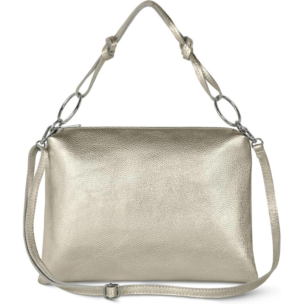 imageItalian Metallic Calf Leather Shoulder Bag for Women Rectangular Handbag with Zipper Top Handle ampamp Crossbody StrapMetallic Platinum
