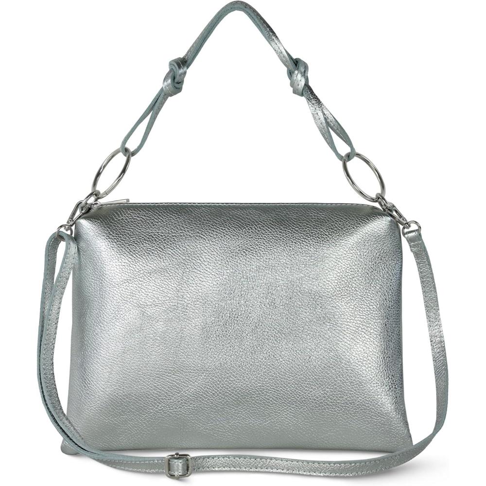 imageItalian Metallic Calf Leather Shoulder Bag for Women  Rectangular Handbag with Zipper Top Handle ampamp Crossbody StrapMetallic Silver
