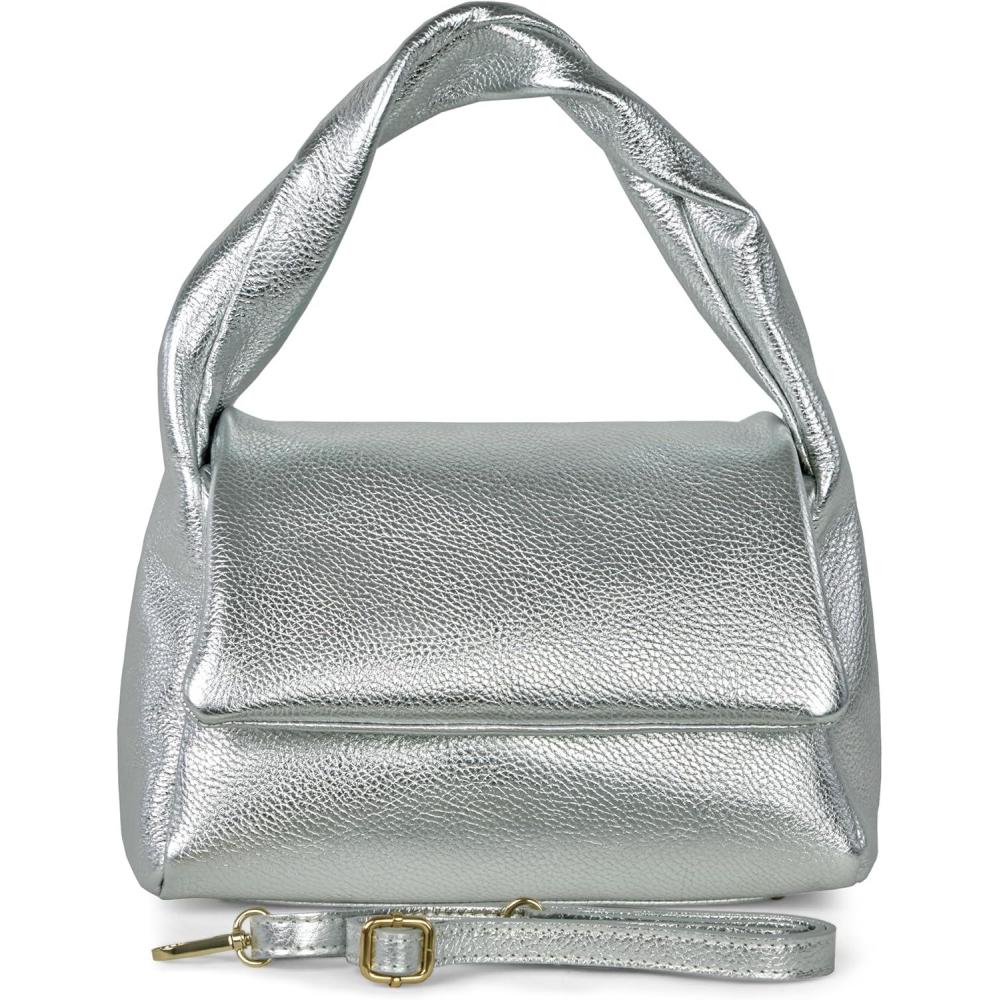 imageItalian Metallic Calf Leather TopHandle Bag for Women with Zipper Flap ampamp Twisted Handle  Crossbody Shoulder PurseSilver