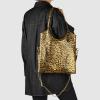 Italian Genuine Metallic Suede Tote Bag for Women with Leopard Print & Zipper | Soft Vertical Medium Leather Purse(Gold)