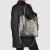Italian Genuine Metallic Suede Tote Bag for Women with Leopard Print & Zipper | Soft Vertical Medium Leather Purse(Silver)