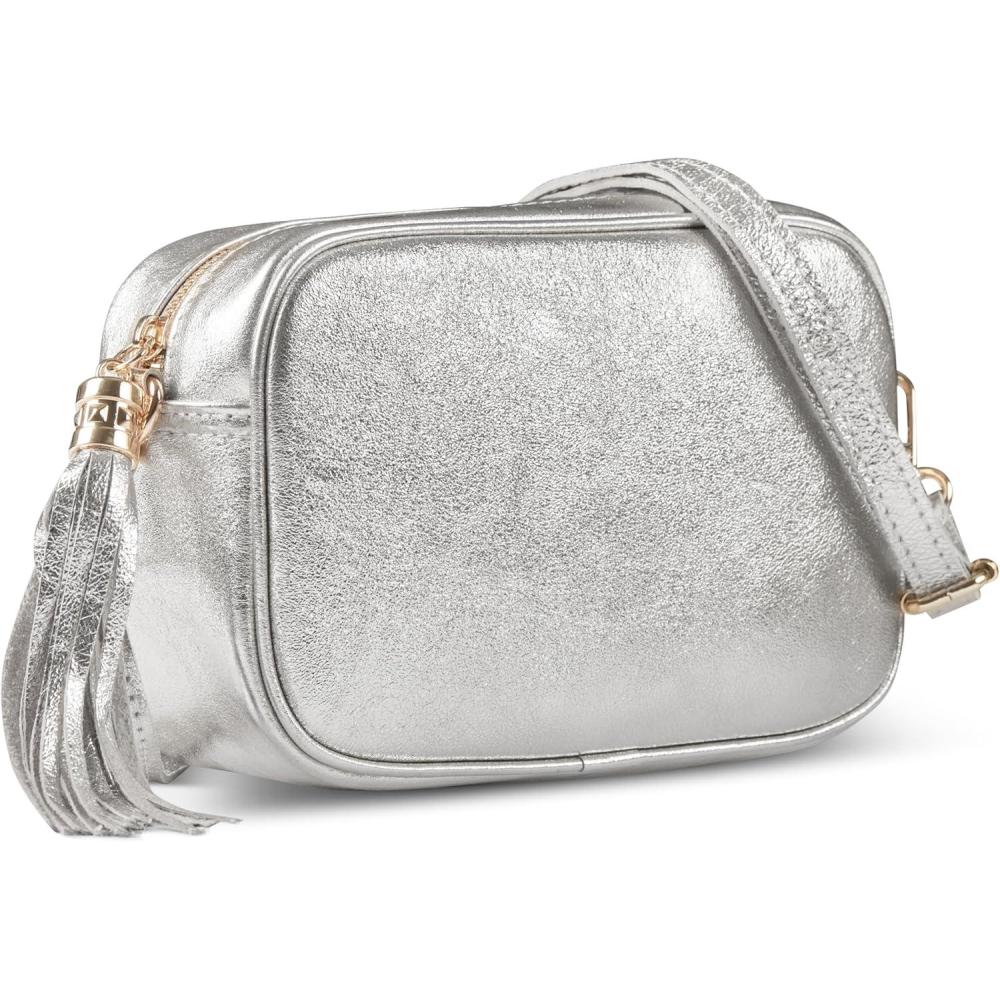 imageItalian Genuine Metallic Leather Crossbody Bag for Women with Tassel Zipper  Small Pebbled Calfskin Evening PurseMetallic Silver