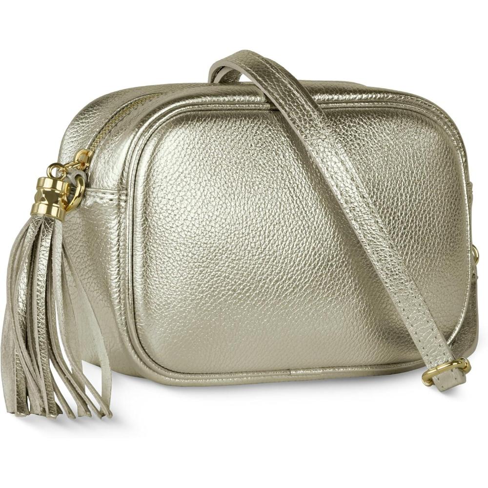 imageItalian Genuine Metallic Leather Crossbody Bag for Women with Tassel Zipper  Small Pebbled Calfskin Evening PursePlatinum