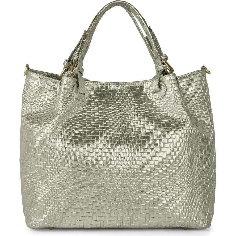 imageItalian Genuine Suede TopHandle Bag for Women with Metallic Grid Texture amp Removable Strap Medium Shoulder HandbagPlatinum