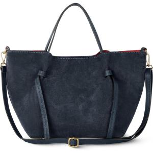 Italian Genuine Suede Tote Bag for Women with Detachable Strap | Structured Top-Handle Purse with Interior Pouch(Dark Blue)