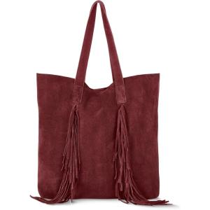 Italian Genuine Suede Tote Bag for Women with Fringe Detail | Medium Top Handle Handbag with Detachable Zip Wallet(Burgundy)