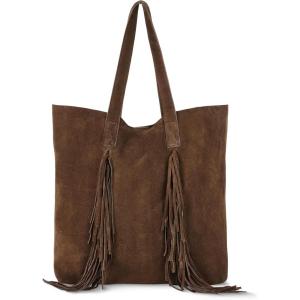 Italian Genuine Suede Tote Bag for Women with Fringe Detail | Medium Top Handle Handbag with Detachable Zip Wallet(Chocolate)