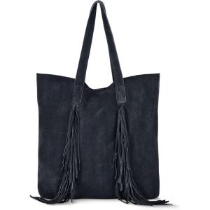 Italian Genuine Suede Tote Bag for Women with Fringe Detail | Medium Top Handle Handbag with Detachable Zip Wallet(Dark Blue)