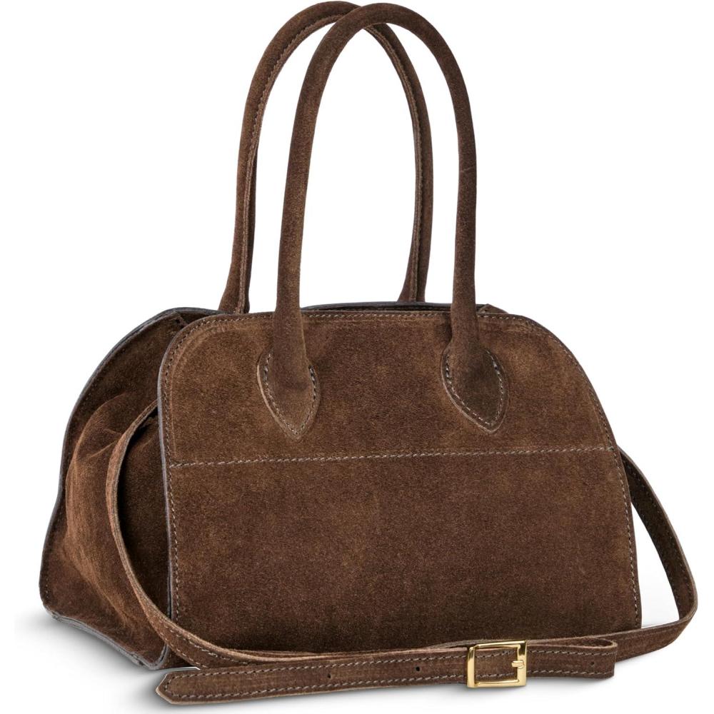 imageItalian Genuine Suede TopHandle Bag for Women with Zipper amp Adjustable Strap  Medium Structured Satchel HandbagChocolate
