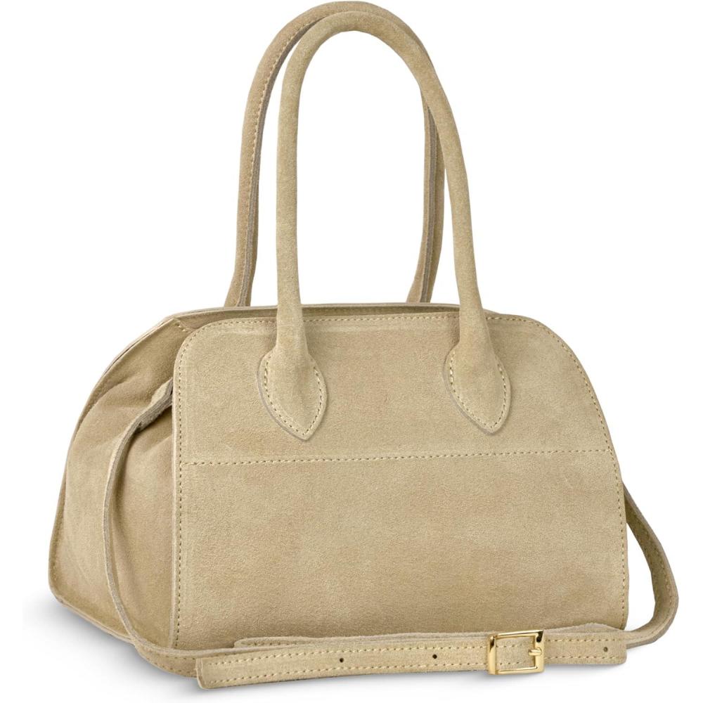 imageItalian Genuine Suede TopHandle Bag for Women with Zipper amp Adjustable Strap  Medium Structured Satchel HandbagGreige