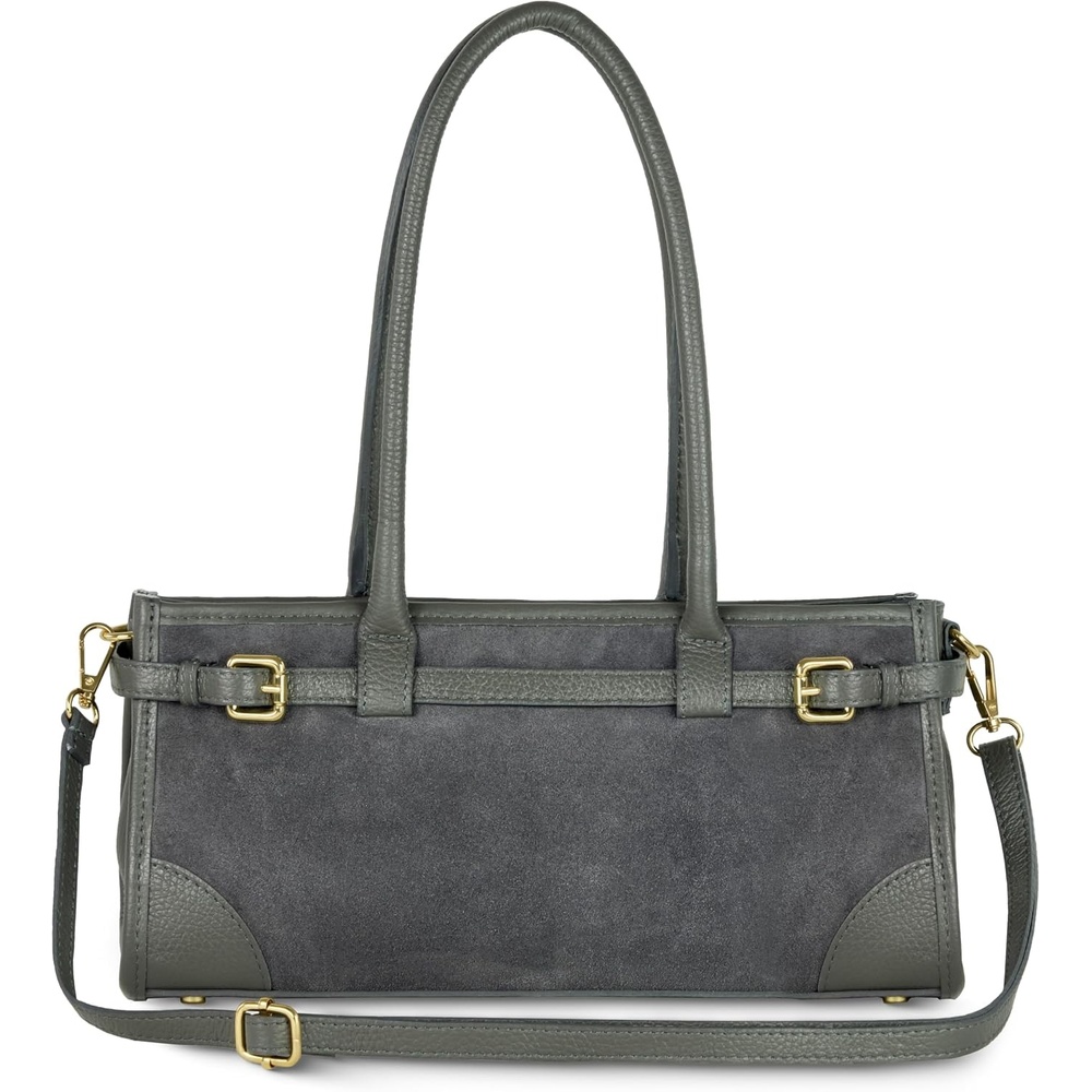 image:imageItalian Genuine Suede Compact Bag for Women with Leather Trim  Rectangular Structured Shoulder Crossbody PurseDark Grey