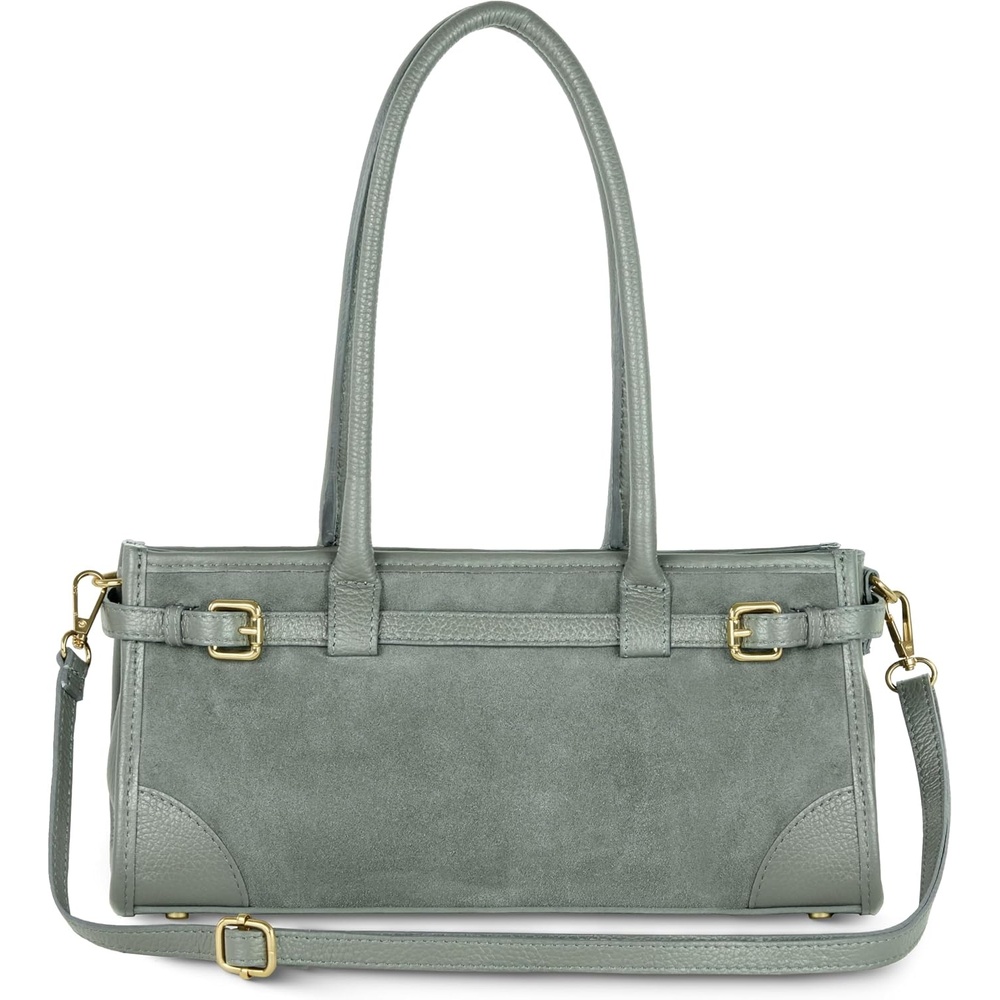 image:imageItalian Genuine Suede Compact Bag for Women with Leather Trim  Rectangular Structured Shoulder Crossbody PurseGrey
