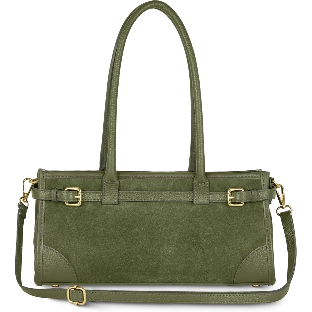 image:imageItalian Genuine Suede Compact Bag for Women with Leather Trim  Rectangular Structured Shoulder Crossbody PurseOlive