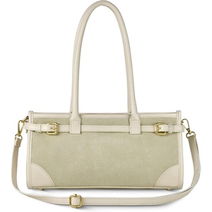 Italian Genuine Suede Compact Bag for Women with Leather Trim | Rectangular Structured Shoulder Crossbody Purse(Beige)