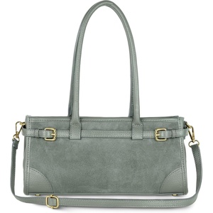 Italian Genuine Suede Compact Bag for Women with Leather Trim | Rectangular Structured Shoulder Crossbody Purse(Grey)