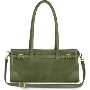 Italian Genuine Suede Compact Bag for Women with Leather Trim | Rectangular Structured Shoulder Crossbody Purse(Olive)